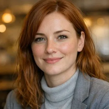 Young woman with red hair, freckles, and green eyes in a light gray turtleneck