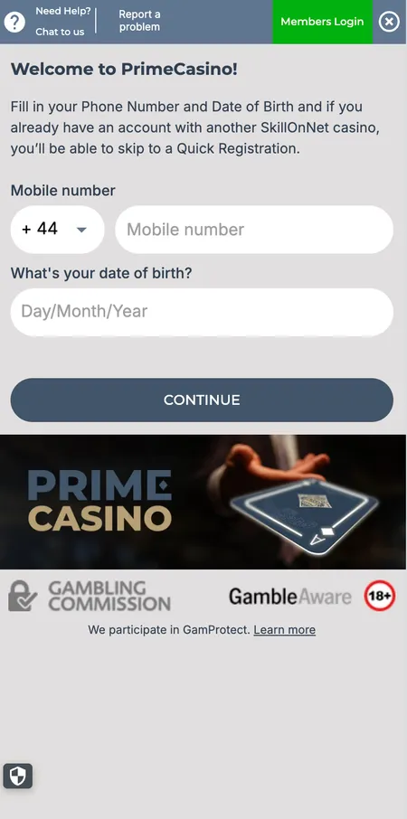 Prime Casino registration form step one